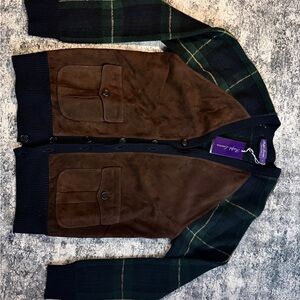 Ralph Lauren Purple Label Navy Tartan Cashmere Suede Cardigan Sweater New $2495